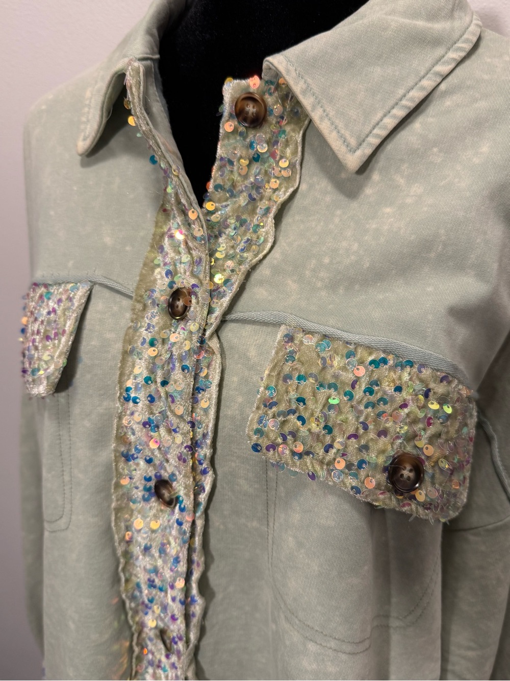 White birch Mint Green Sequin-Trim Shirt Jacket - Picture 2 of 8